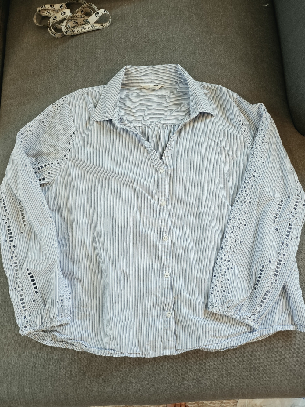 Light Blue Striped Eyelet-Sleeve Button-Up Blouse